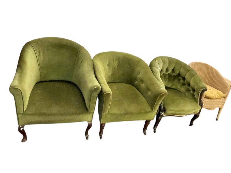 Three late 19th Century and early 20th Century occasional armchairs in green draylon, and Lloyd Loom bedroom chair and linen bin.