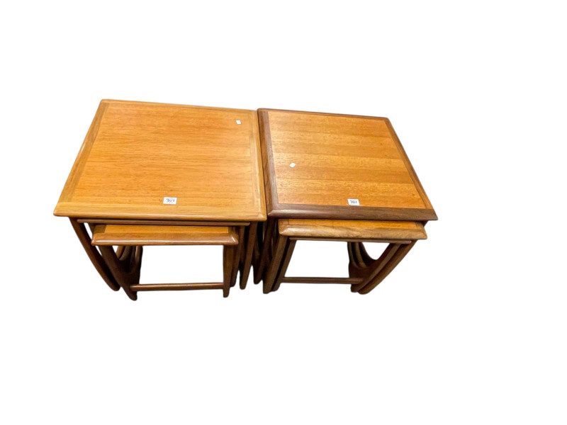 Two nests of three G Plan teak tables, largest 51cm by 50cm by 50cm.
