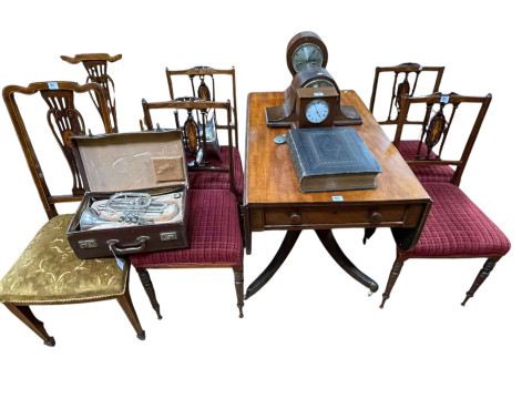 Victorian walnut nine drawer pedestal desk, 75cm by 122cm by 67.5cm, along with Victorian mahogany two drawer Pembroke table, set of Victorian inlaid rosewood parlour chairs and pair inlaid mahogany side chairs (8). thumbnail