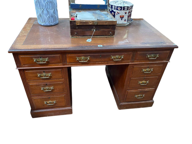 Victorian walnut nine drawer pedestal desk, 75cm by 122cm by 67.5cm, along with Victorian mahogany two drawer Pembroke table, set of Victorian inlaid rosewood parlour chairs and pair inlaid mahogany side chairs (8).