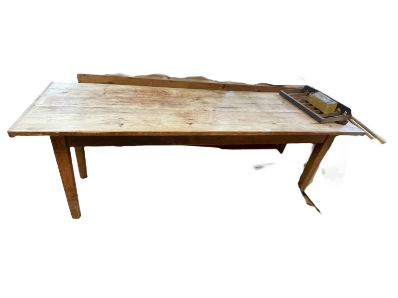 Rectangular pine kitchen table, 75cm by 206.5cm by 68cm.