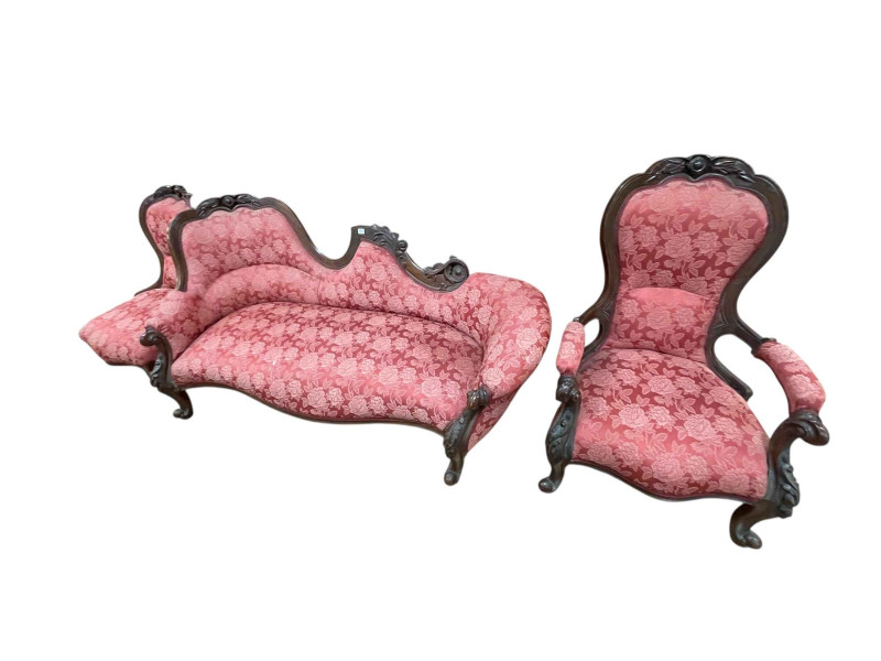 Victorian walnut framed three piece parlour suite comprising shaped back sofa, ladies and gents chairs, all with serpentine front seats.