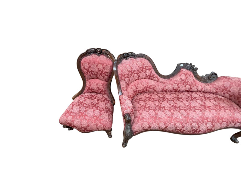 Victorian walnut framed three piece parlour suite comprising shaped back sofa, ladies and gents chairs, all with serpentine front seats.