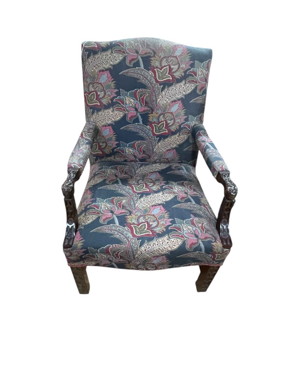 Mahogany blind fretwork open armchair in tapestry fabric.