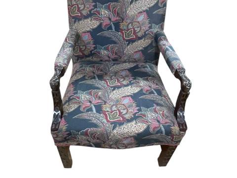 Mahogany blind fretwork open armchair in tapestry fabric.