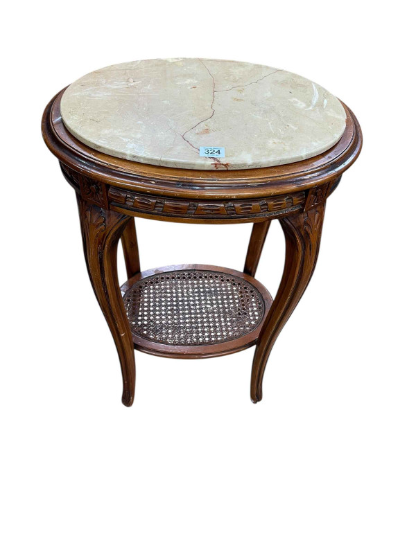 Oval two tier lamp table with inset marble top, 67cm by 46cm by 37cm.