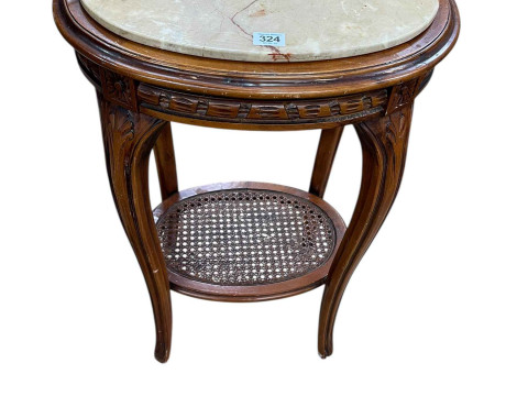 Oval two tier lamp table with inset marble top, 67cm by 46cm by 37cm.