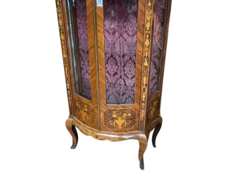 Continental marquetry inlaid two door serpentine front vitrine, 140cm...