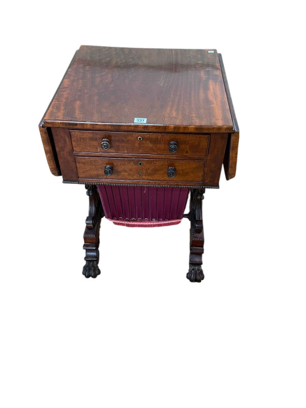 Victorian mahogany drop leaf combination writing-sewing table having two drawers, one enclosing easel writing surface with a work box below, 73.5cm by 89.5cm by 51cm (leaves elevated).