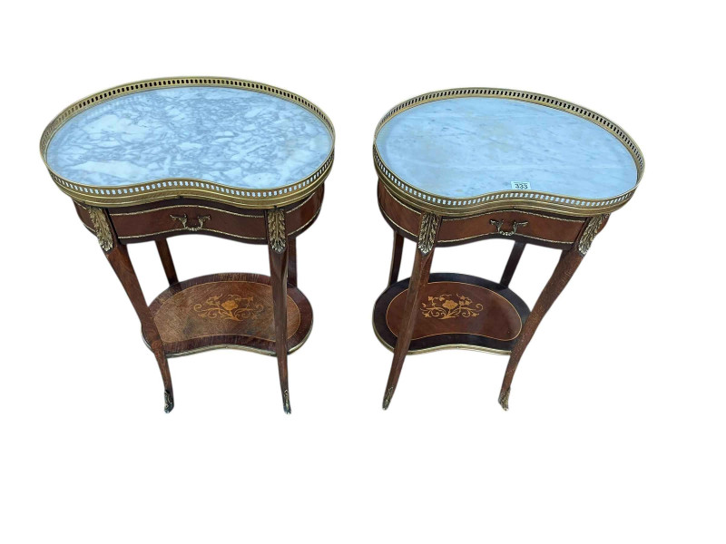 Pair Continental Kingswood and marble inset top kidney shaped single drawer night stands, 71cm by 46cm by 29.5cm.