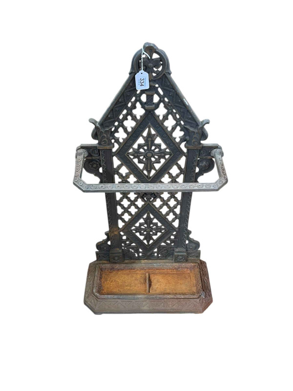 Gothic style cast iron stick stand, 88.5cm by 47cm by 21cm.