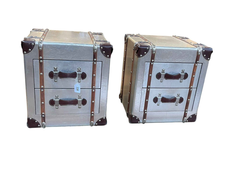 Pair Timothy Oulton style aviation two drawer pedestals, 46cm by 42cm by 35cm.