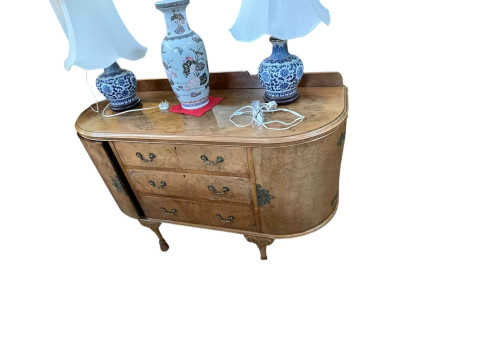 Early 20th Century walnut eight piece dining suite comprising bow end sideboard, extending dining table, leaf and winder and six dining chairs. thumbnail