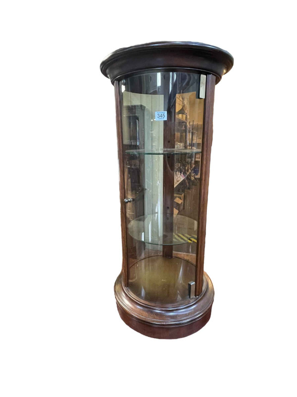Cylindrical display cabinet with two adjustable shelves, 88cm by 42cm diameter.