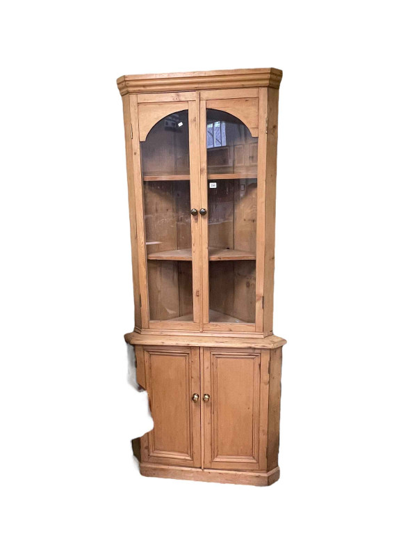 Pine glazed door top four door standing corner cabinet, 207cm.