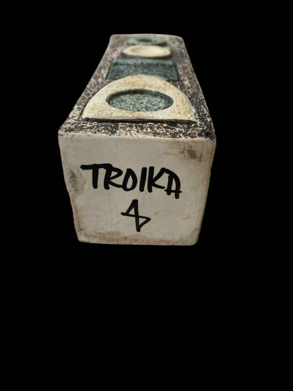 Troika rectangular vase with Newlyn mark, signed Avril Bennett, 22cm high.