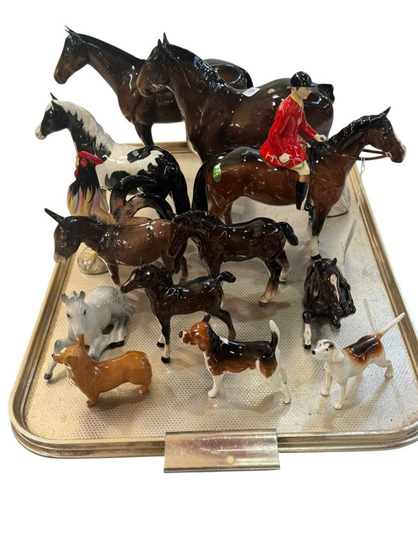 Beswick Huntsman, Pinto Piebald Pony, horses, ponies, cockerel and three dogs.