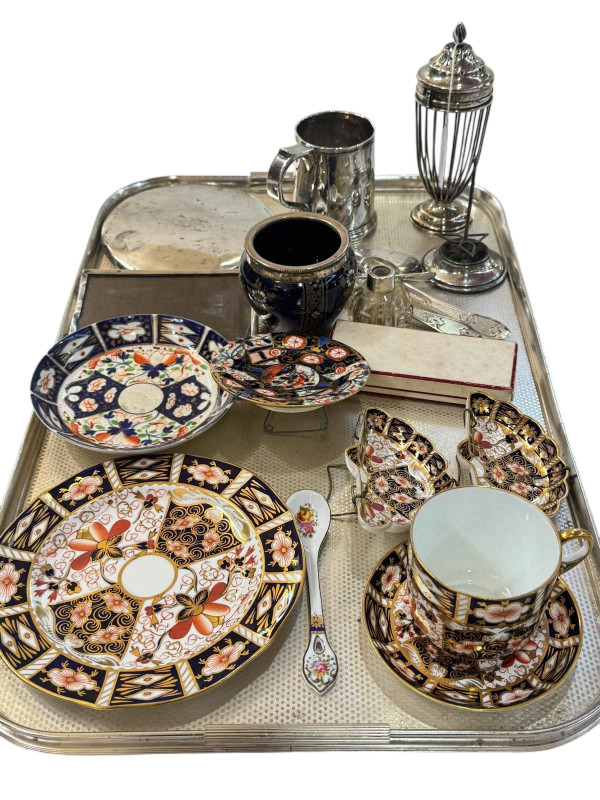 Royal Crown Derby Imari pattern china, silver tankard, spoons, vanity mirror, etc.