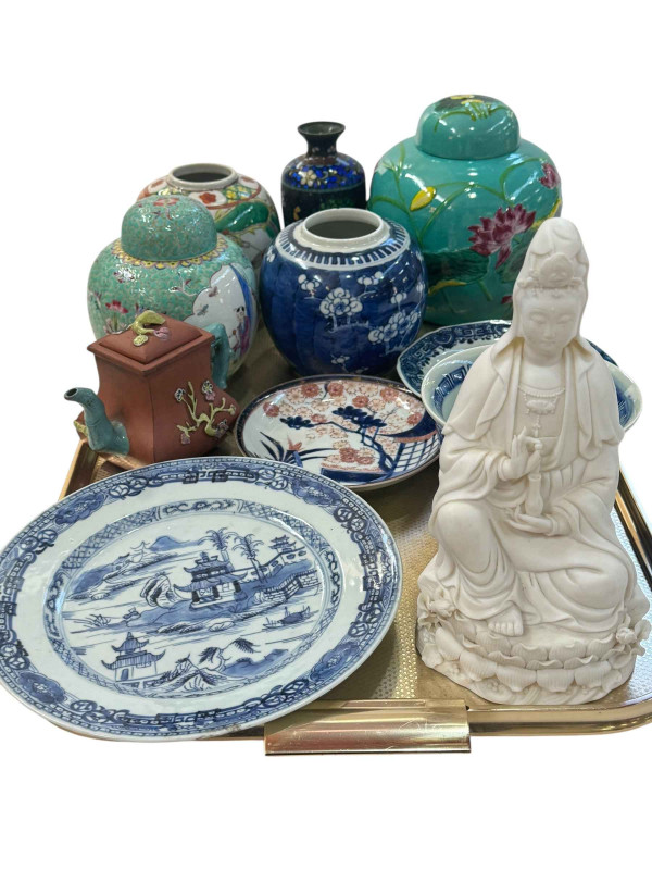 Collection of Oriental porcelain including ginger jars, plates, bowl, Cloisonné vase, blanc de chine figure with character mark, etc.
