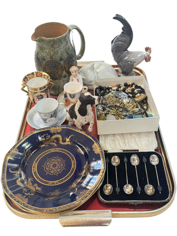 Royal Doulton Stoneware jug, Royal Copenhagen Sleeping Cat and Cockerel, costume jewellery, six silver coffee bean spoons, Crown Derby vase, etc.