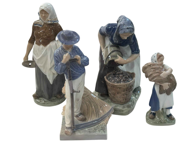 Four Royal Copenhagen figures including Milkmaid 899, Woman Collecting Potatoes, Man with Scythe and Harvest Girl.