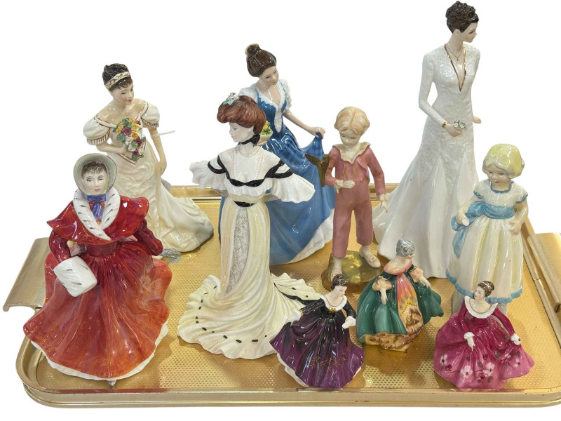 Three Royal Doulton and two Royal Worcester figures, three small Royal Doulton figures and two Coalport figures.