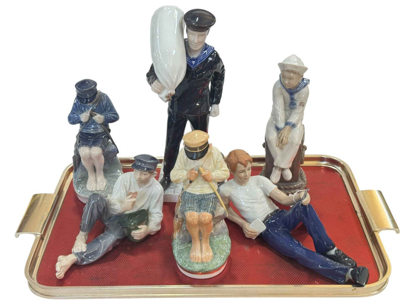 Six Royal Copenhagen figures including Mariner 2446, The Whittler 905 x 2 and Shepherd Boy at Lunch 865.