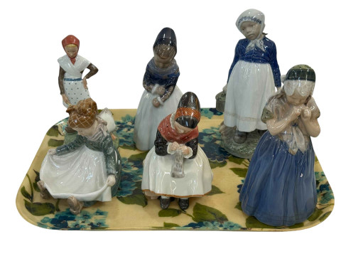 Six Royal Copenhagen figures including four Amager Women.
