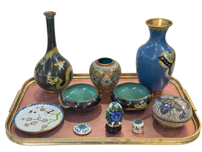 Collection of Cloisonné including vases, bowls, lidded box, egg on stand, etc.