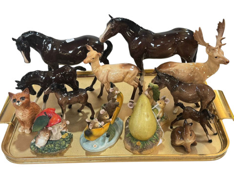 Collection of Beswick animals including horses, donkey, deer, stag, cat...