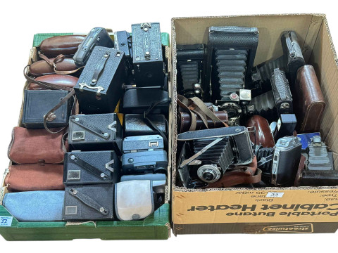 Two boxes of vintage cameras, box cameras, etc.