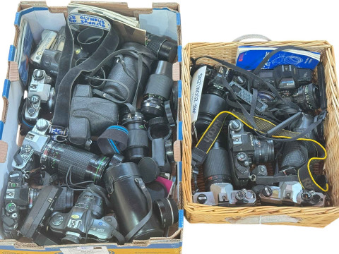 Collection of Olympus and Ricoh cameras, assorted lenses, etc.