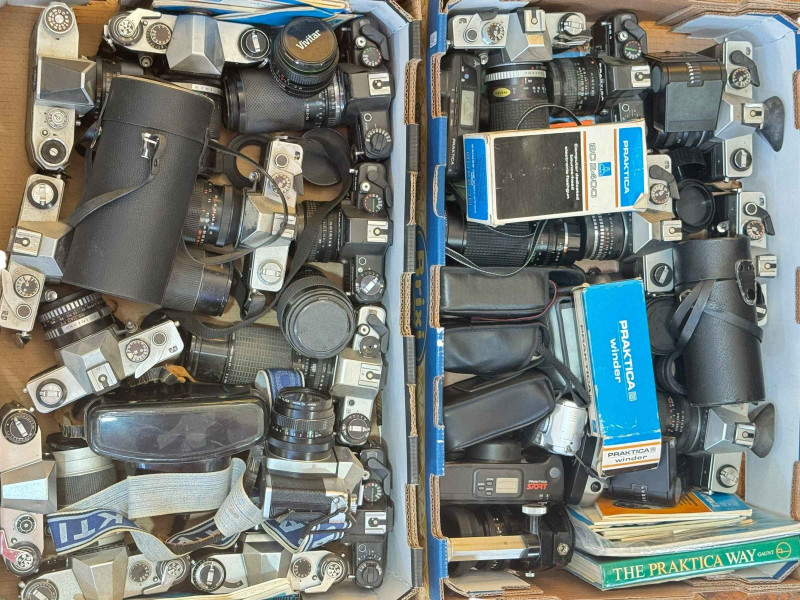 Two boxes of Practika camera, lenses, etc.