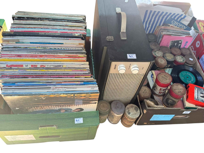 EKCO record player, collection of LP and single records, vintage phonograph cylinders, etc.
