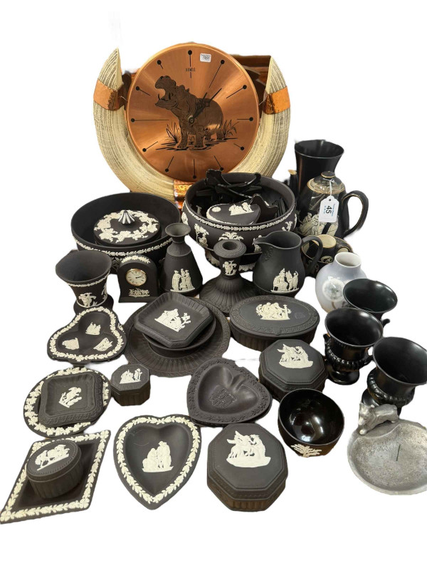 Collection of Wedgwood Black Jasperware, African copper clock, classical scene three piece tea set, Copenhagen vase etc.