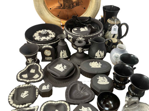 Collection of Wedgwood Black Jasperware, African copper clock, classical...