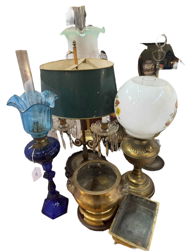 Four various oil lamps, two brass Lucerne Whale oil lamps, crystal drop candle lamp and two brass planters.