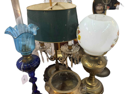 Four various oil lamps, two brass Lucerne Whale oil lamps, crystal drop...