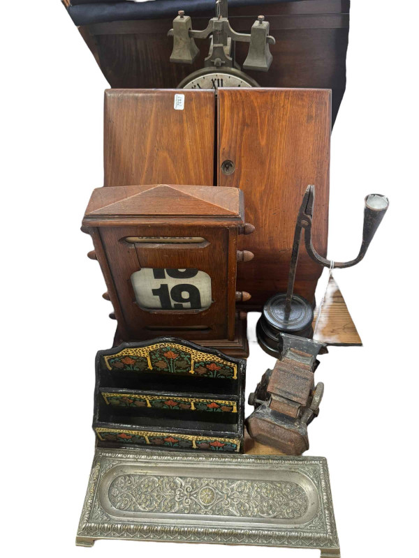 Wooden clock, Victorian mahogany stationery cabinet, Victorian mahogany desk calendar, bike lamp, etc.