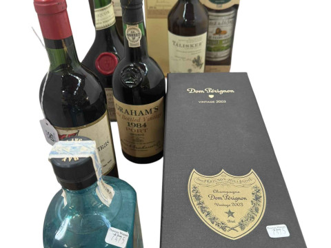 WITHDRAWN    Four bottles of whisky, bottle of Dom Perignon 2003, Port,...