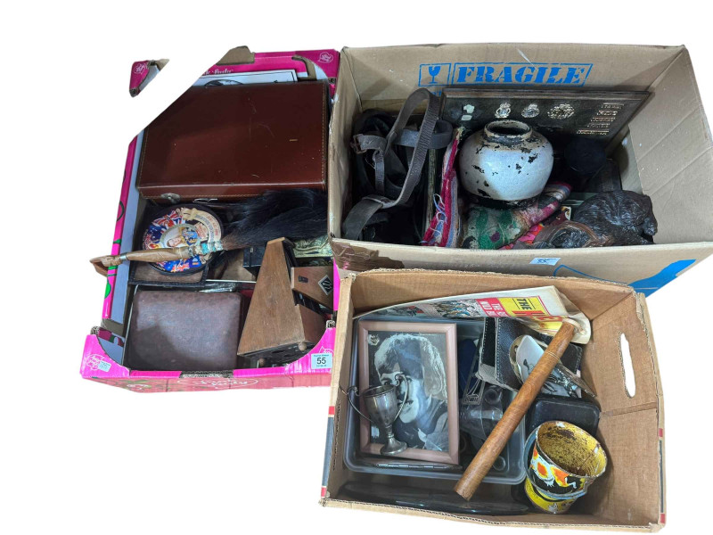 Three boxes of collectables including cutlery, metronome, glass bottles, etc.