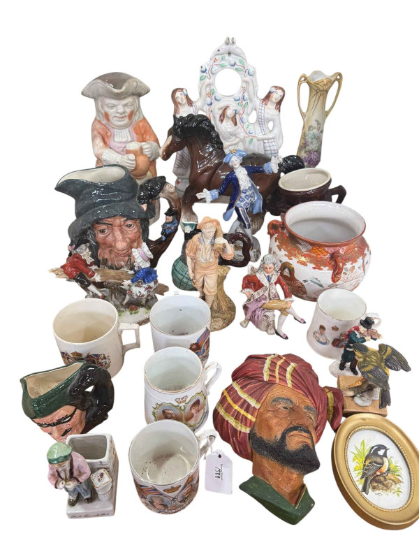 Staffordshire toby and group, Royal Worcester and Continental figures, two Royal Doulton character jugs, commemorative mugs, etc.