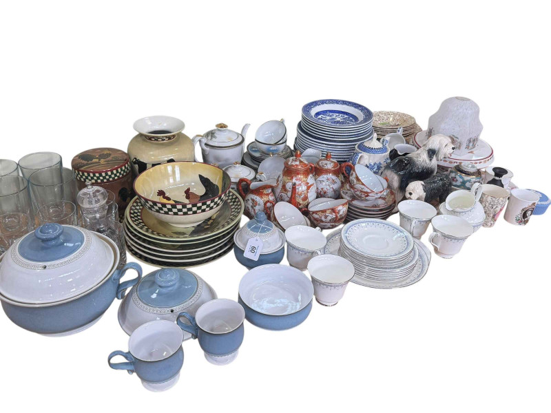 Oriental teaware, Doulton Mignonette teaware, Sarah Akin Smith pottery, blue and white, glass shade, etc.