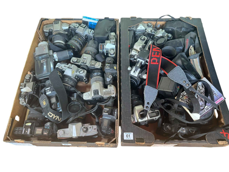 Two boxes of Pentax and Minolta cameras, etc.