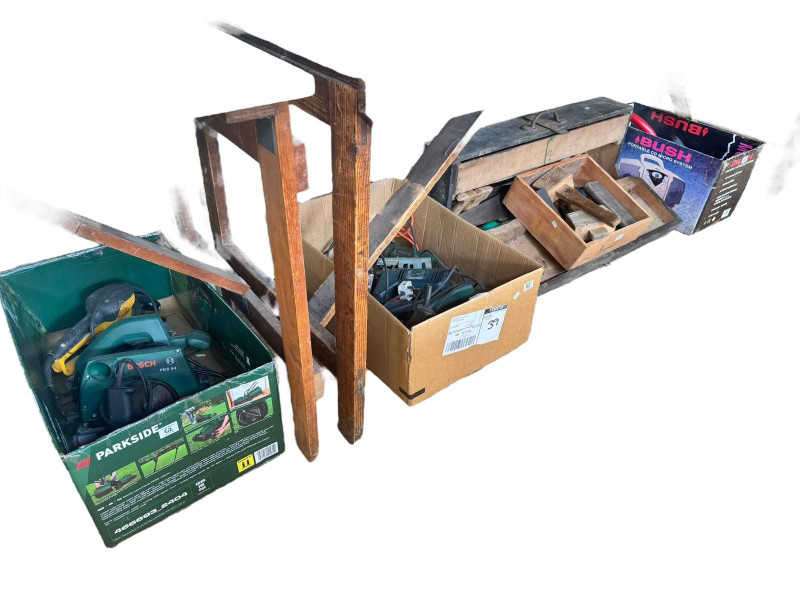 Joiners tool box and tools including chisels, saws, etc, and a collection of electrical tools, etc.