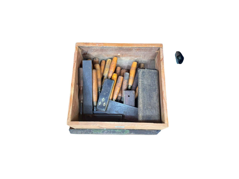 Joiners tool box and tools including chisels, saws, etc, and a collection of electrical tools, etc.