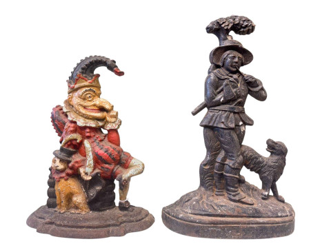 Cast metal Punch doorstop and Woodsman and Dog.