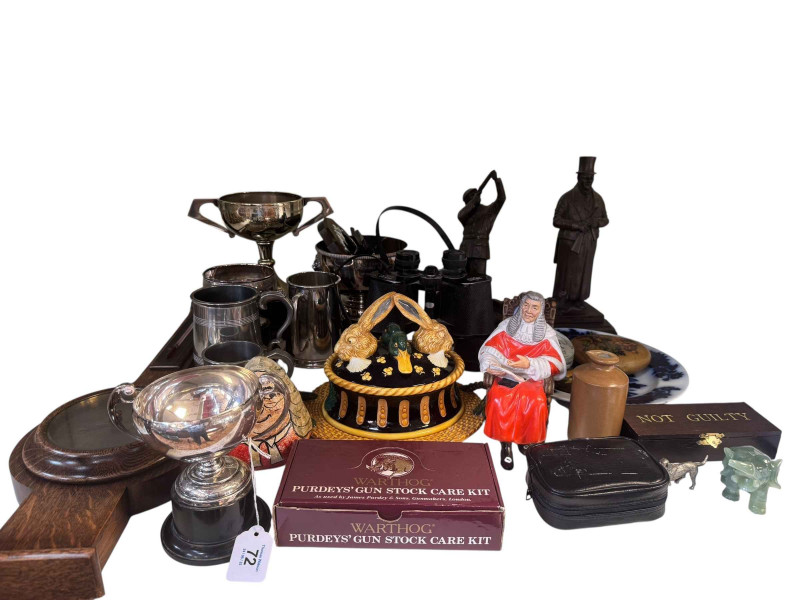 Oak barometer, small silver trophy, silver plated ware, Hans Weiss binoculars, small game dish, Royal Doulton 'The Judge', etc.