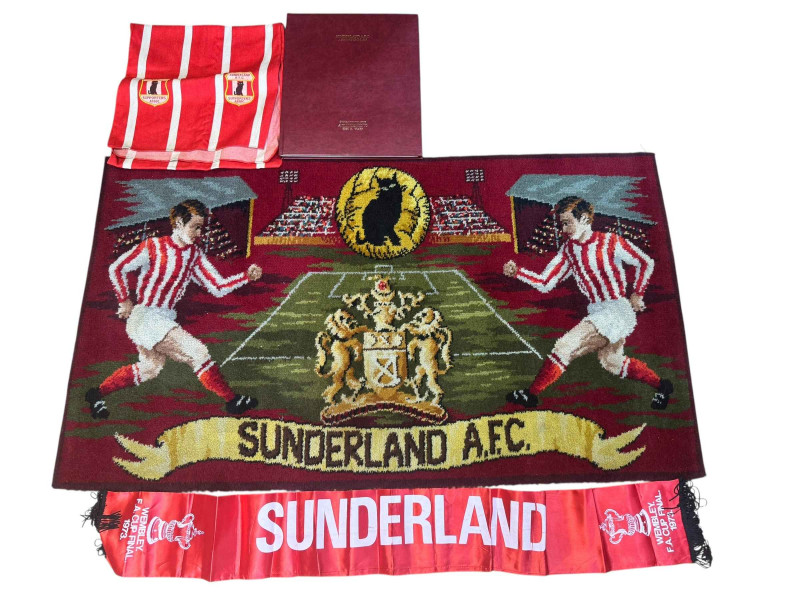 Axminster rug featuring Sunderland AFC possibly to commemorate FA Cup Final Win, FA Cup Final silk scarf, table sash and Volume History of Sunderland AFC from 1905.