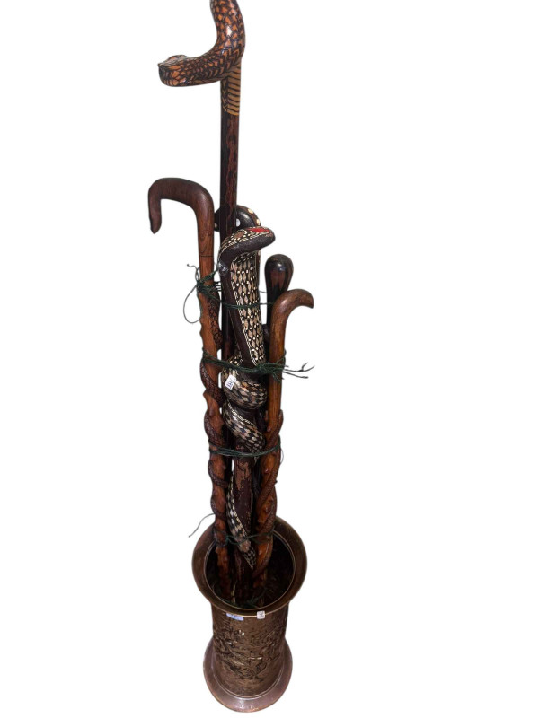 Rosewood barometer, selection of walking sticks, brass stick stand, Worcester Evesham, glassware, etc.